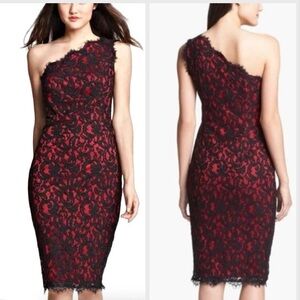 Tadashi Shoji Red & Black Lace Whimsigoth Formal One Shoulder Dress